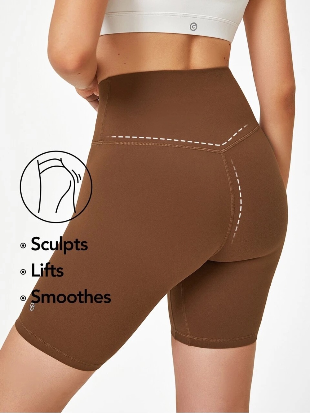Glowmode FeatherFit 8-Inch High-Waisted Crossover Biker Shorts Brown NWOT - Picture 5 of 7